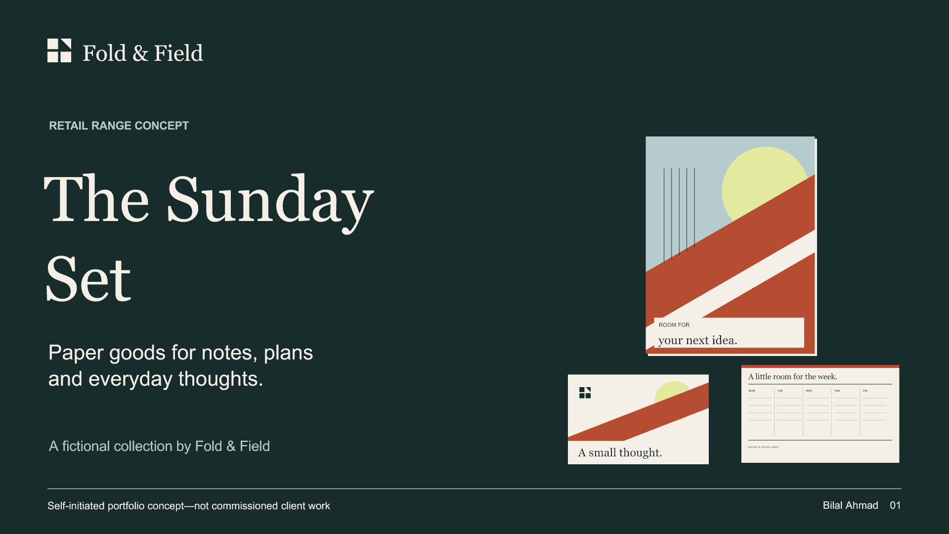 Fold & Field retail range cover with notebook, desk pad and note card illustrations.